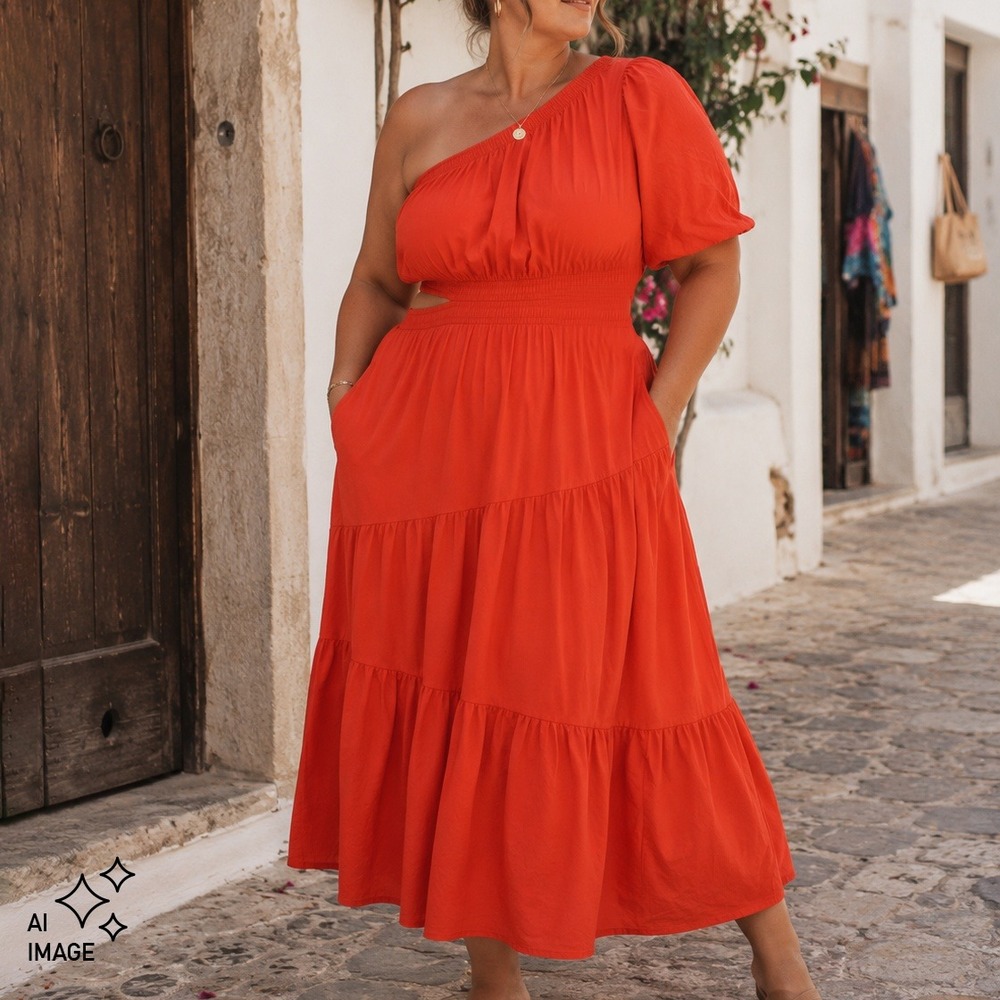 Cuyana One-Shoulder Tiered Midi Dress - Orange Lipstick Red